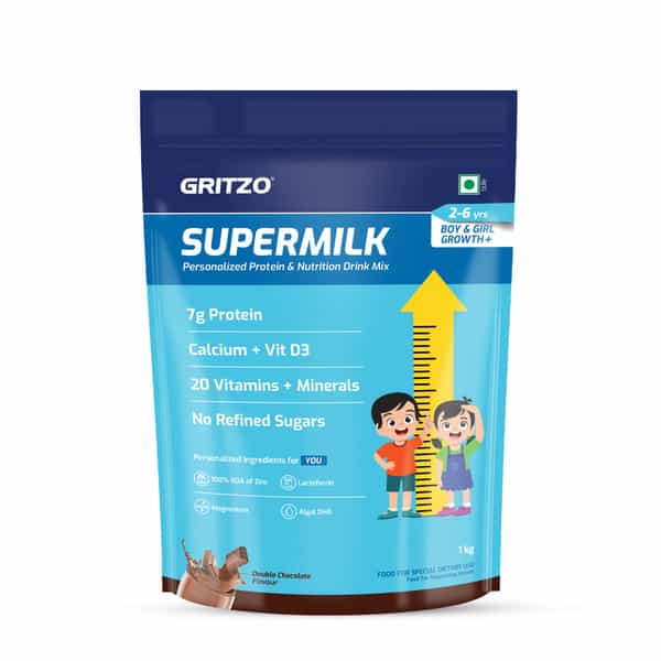 Gritzo Supermilk Growth+ (Formerly Height+) (2 - 6Y Boy & Girl) | 7G Protein (Double Chocolate 1Kg)