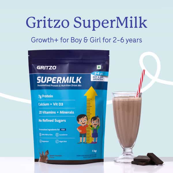 Gritzo Supermilk Growth+ (Formerly Height+) (2 - 6Y Boy & Girl) | 7G Protein (Double Chocolate 1Kg)