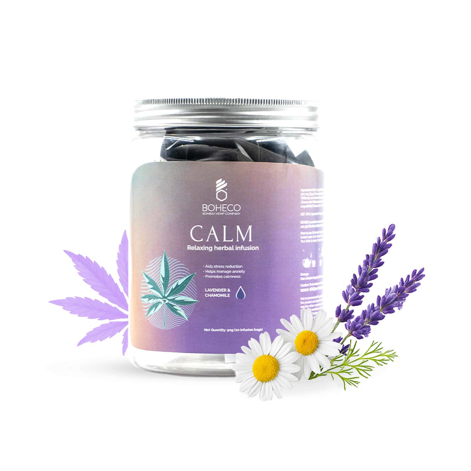 Boheco Calm Herbal Infusion Tea Bags | For Stress Relief With Vijaya Leaf | 20 Non-plastic Bags 50gm