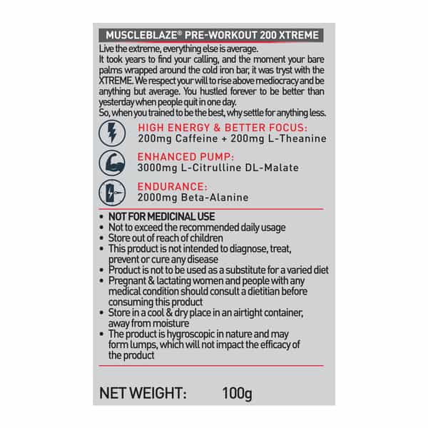 Muscleblaze Pre Workout 200 Xtreme | 200Mg Caffeine | 2000Mg Beta Alanine (100 G | Fruit Punch)