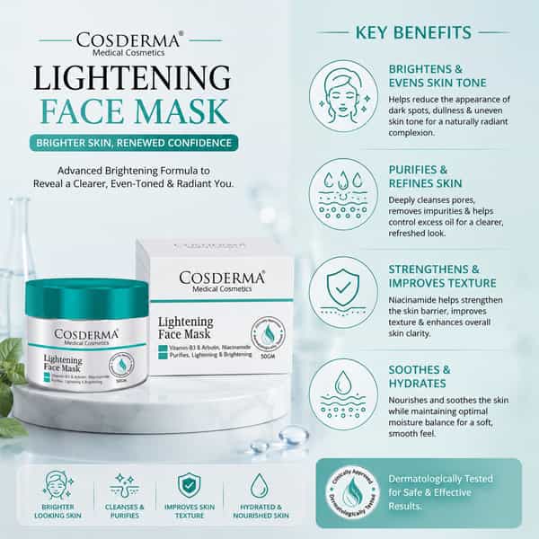 Cosderma Lightening Face Mask | Vitamin B3 | Arbutin & Niacinamide | Skin Brightening Formula 50Gm