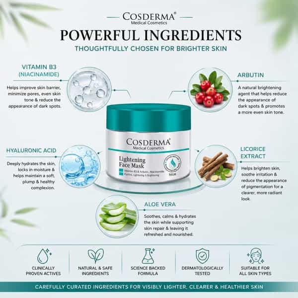 Cosderma Lightening Face Mask | Vitamin B3 | Arbutin & Niacinamide | Skin Brightening Formula 50Gm