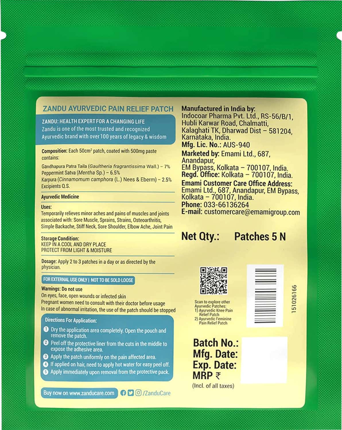 Buy ZANDU AYURVEDIC PAIN RELIEF PATCH (PACK OF 5 PATCHES) Online & Get