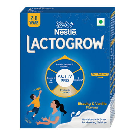 Nestle Lactogrow Nutritious Milk Drink | 2 - 6 Years | Biscuity And Vanilla Flavour | Box | 400 Gm
