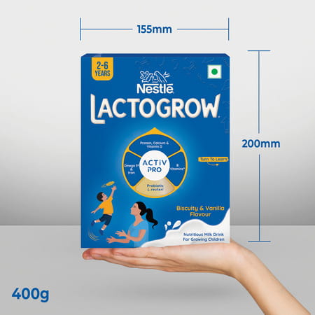 Nestle Lactogrow Nutritious Milk Drink | 2 - 6 Years | Biscuity And Vanilla Flavour | Box | 400 Gm