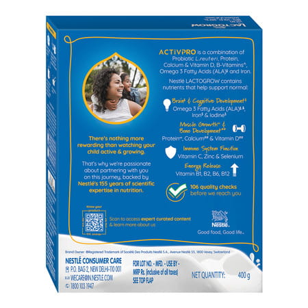 Nestle Lactogrow Nutritious Milk Drink | 2 - 6 Years | Biscuity And Vanilla Flavour | Box | 400 Gm
