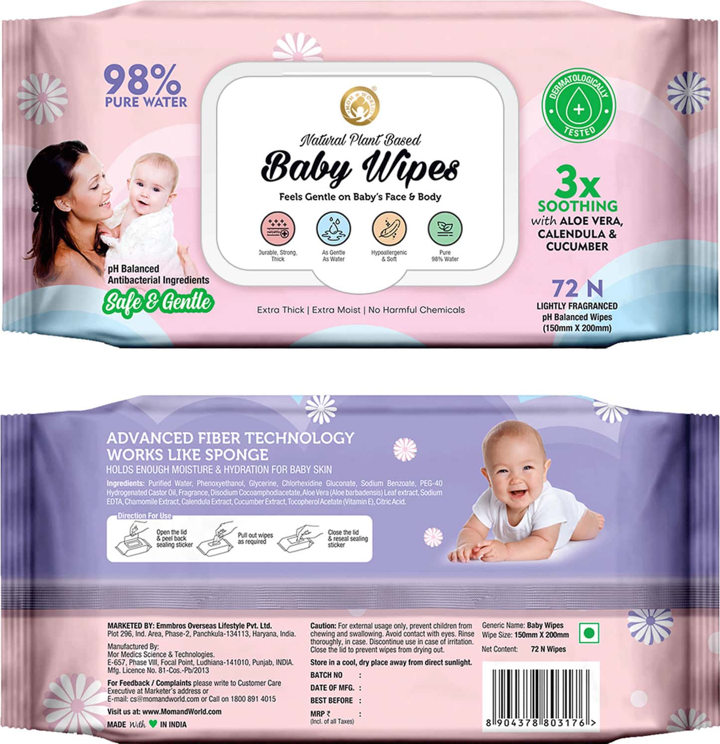 Mom World Natural 98% Pure Water Baby Wipes Plant Based Ph Balanced 72 N  Wipes X Pack Of