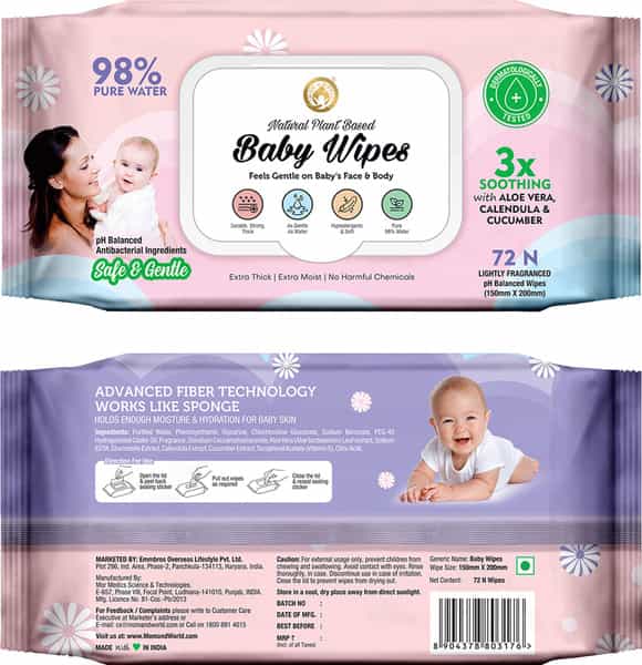 Mom & World Natural 98% Pure Water Baby Wipes Plant Based Ph Balanced 72 N Wipes X Pack Of 3