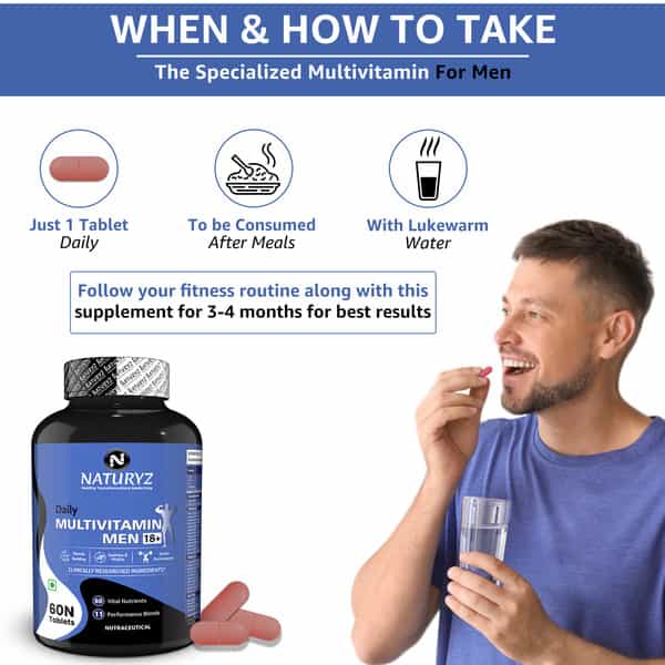 Naturyz Daily Multivitamin Men 18+ With Highest 60 Nutrients & 11 Performance Blends - 60 Tablets