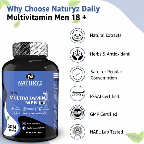 Naturyz Daily Multivitamin Men 18+ With Highest 60 Nutrients & 11 Performance Blends - 60 Tablets