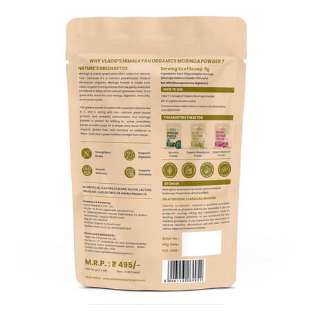 Vlado'S Himalayan Organics 100% Organic Certified Moringa Powder - 120+ Nutrients & Vitamins - 200g