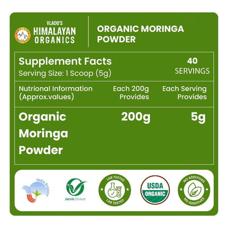 Vlado'S Himalayan Organics 100% Organic Certified Moringa Powder - 120+ Nutrients & Vitamins - 200g