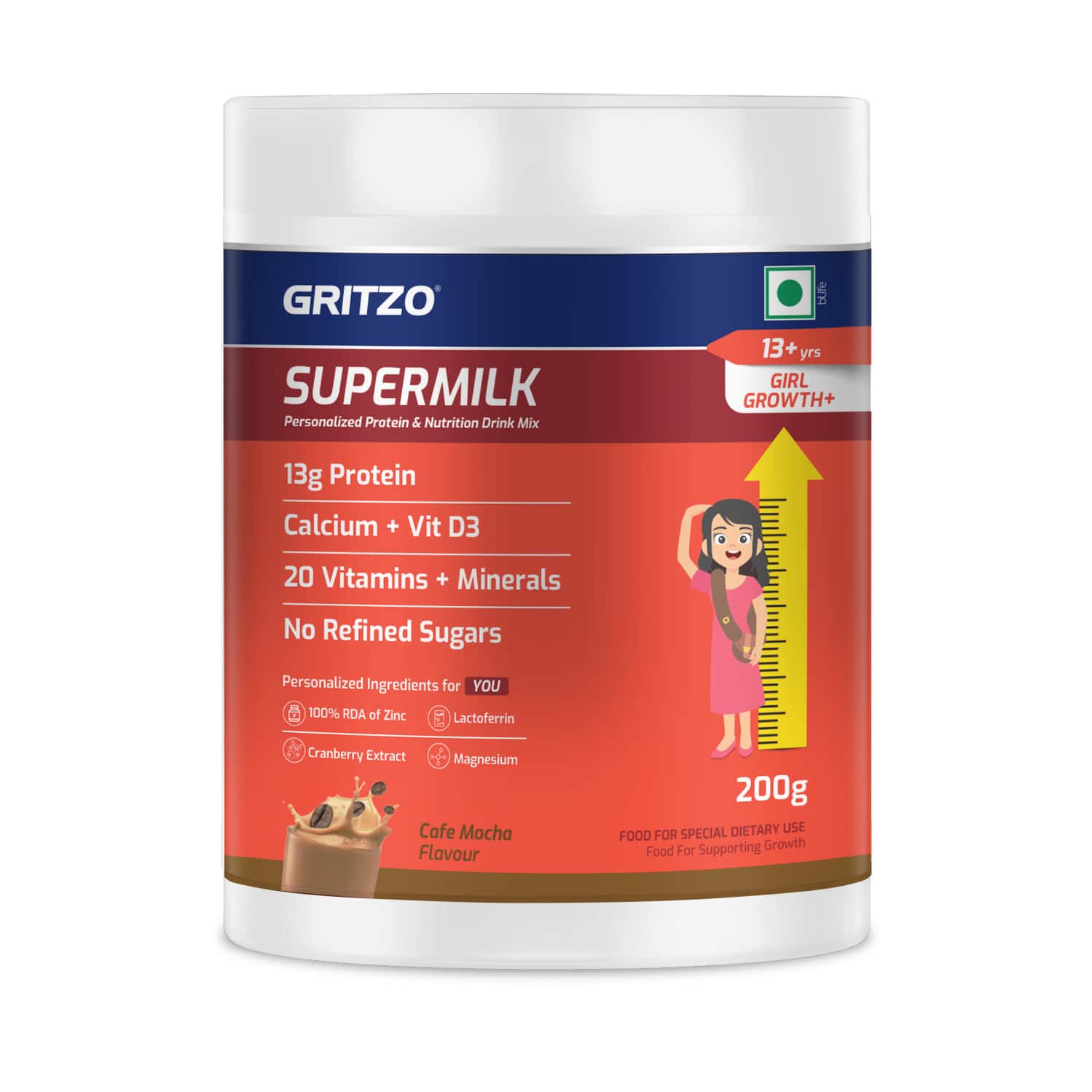 Gritzo Supermilk Growth+ (formerly Height+) (13+y Girls) | 13g Protein Powder (cafe Mocha | 200g)