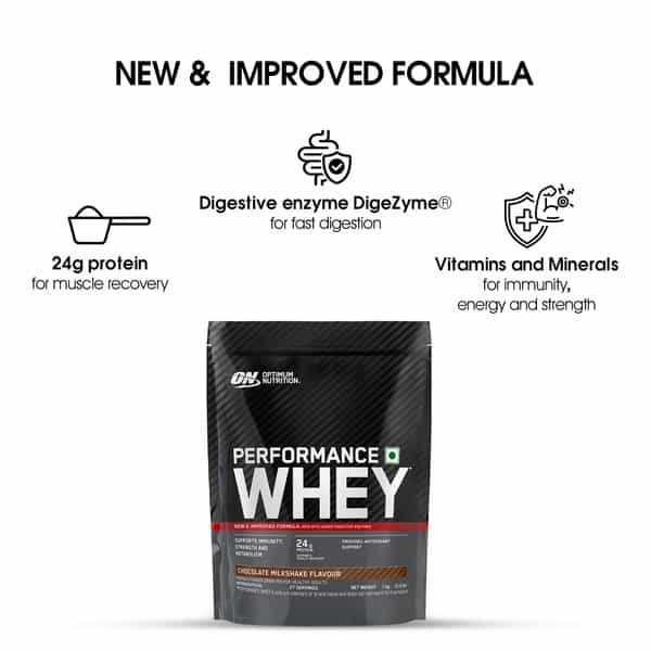 Optimum Nutrition (On) Performance Whey | Chocolate Milkshake Flavour | Powder | Packet | 1 Kg