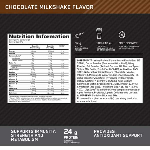 Optimum Nutrition (On) Performance Whey | Chocolate Milkshake Flavour | Powder | Packet | 1 Kg