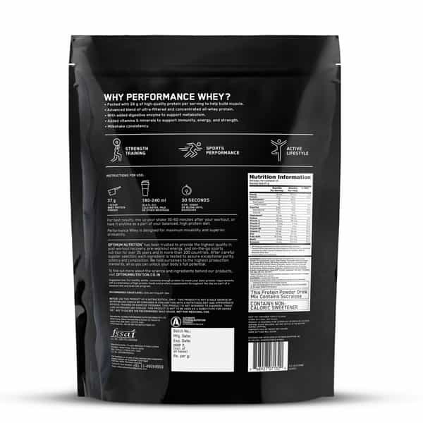Optimum Nutrition (On) Performance Whey | Chocolate Milkshake Flavour | Powder | Packet | 1 Kg