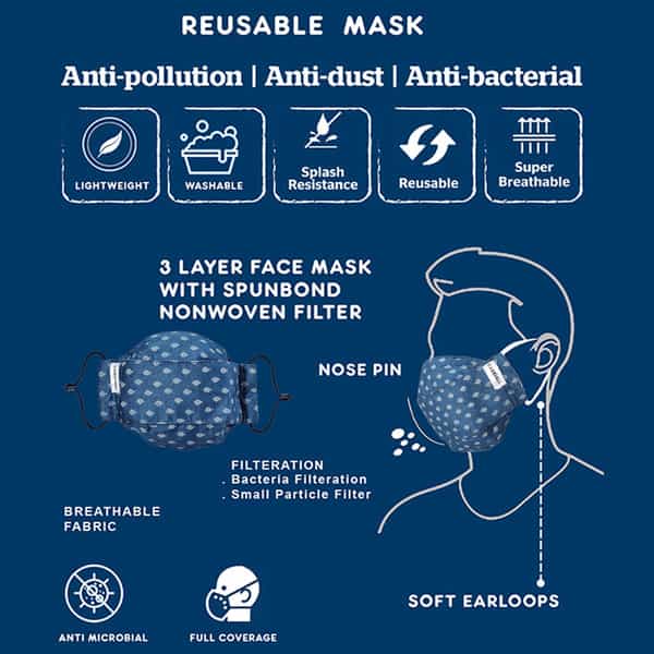 Carriall Adult Unisex 3 Layer Reusable Washable Cotton Mask (Camsm043) Pack Of 3