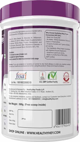 Healthyhey Sports Whey Protein Concentrate - Unflavoured - 500Gm