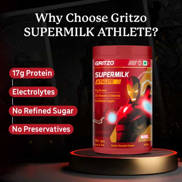 Gritzo Supermilk Athlete Iron Man (13+Y Boy & Girl) | 17G Protein Powder (Double Chocolate | 400G)