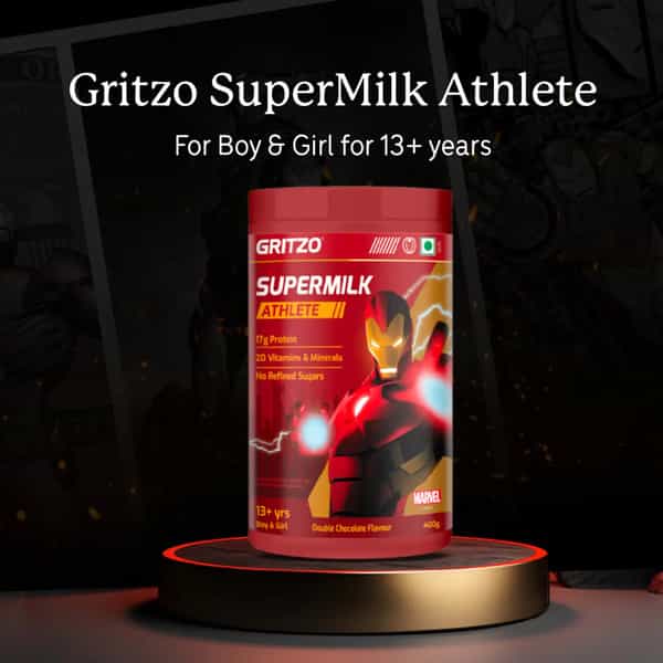 Gritzo Supermilk Athlete Iron Man (13+Y Boy & Girl) | 17G Protein Powder (Double Chocolate | 400G)