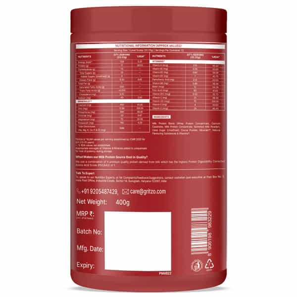 Gritzo Supermilk Athlete Iron Man (13+Y Boy & Girl) | 17G Protein Powder (Double Chocolate | 400G)
