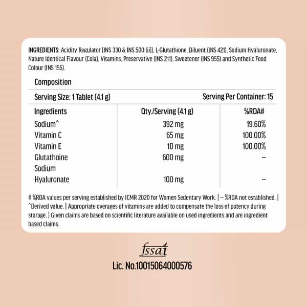 Hk Vitals Glutathione (Cola | 15 Tabs) | With Vitamin C & E | For Skin Glow & Hydration