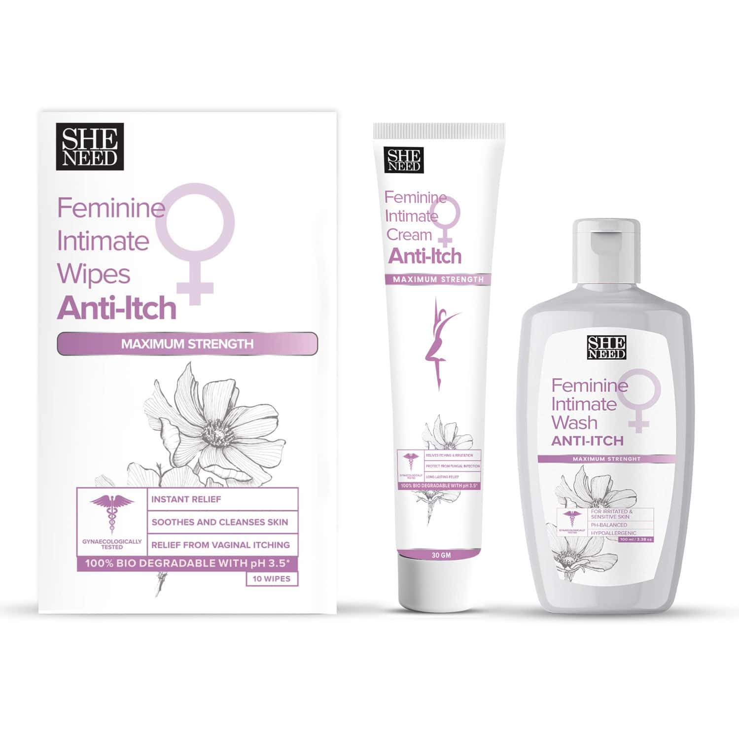Sheneedfeminine Intimate Anti-Itch Combo: Wipes 10n | Maximum Strength Cream 30gm | & Wash 100 Ml