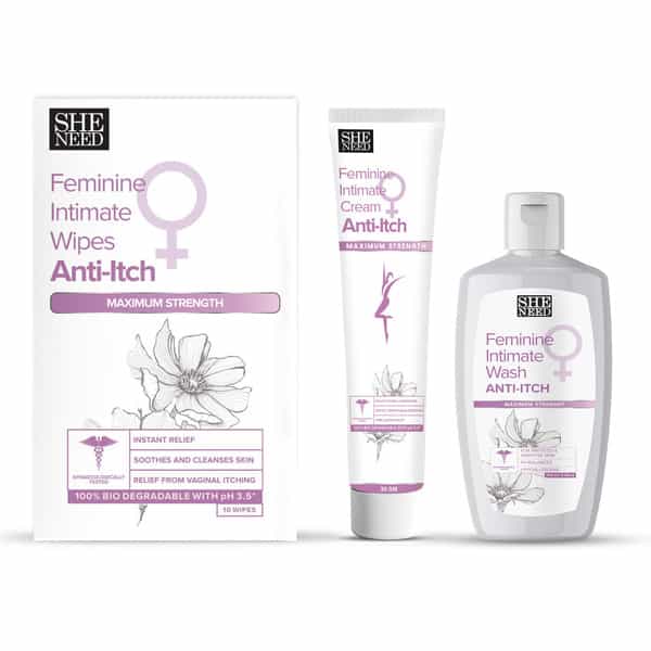 Sheneedfeminine Intimate Anti-Itch Combo: Wipes 10N | Maximum Strength Cream 30Gm | & Wash 100 Ml