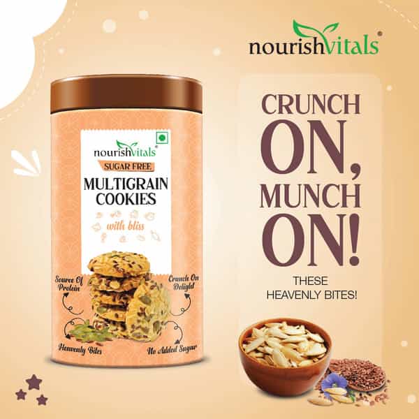 Nourishvitals Sugar Free Multigrain Cookies Heavenly Bites Source Of Protein Crunchy Delights 120G