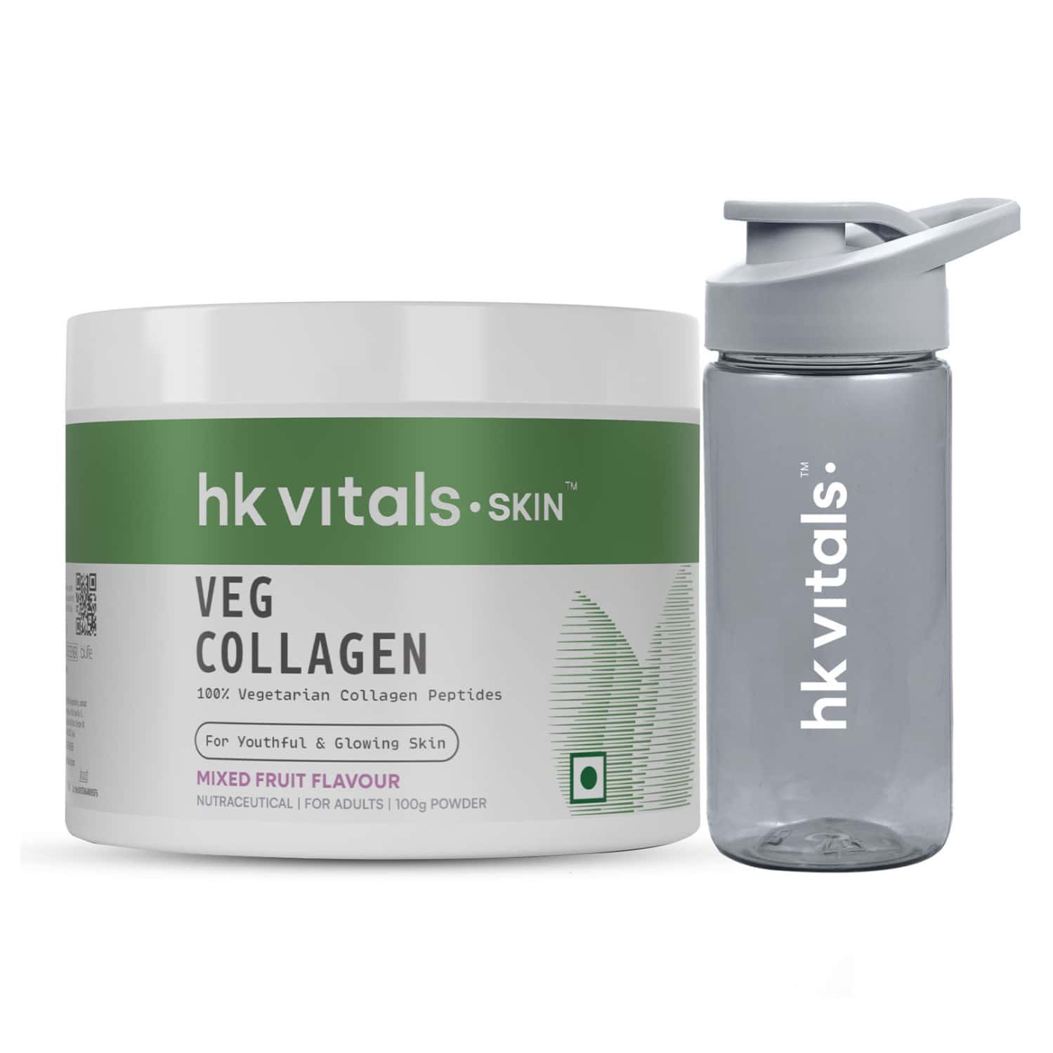 Hk Vitals Veg Collagen Supplement (mixed Fruit | 100g) & Sipper Bottle (grey | 300ml)