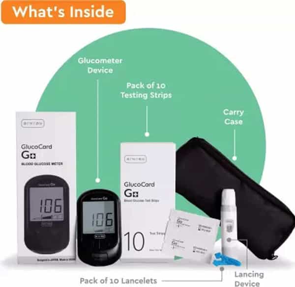 Arkray Blood Glucose Monitor Glucocard G+ With 10+25 Strips + Relief & Relax Kit Glucometer - Black
