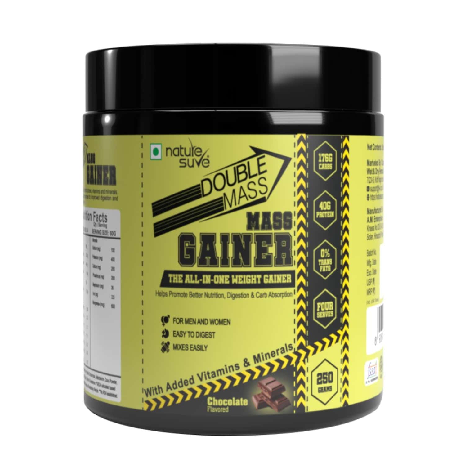 Nature Sure Double Mass Chocolate Flavored Mass Gainer Whey Protein And Enzymes - 1 Pack (250 Grams)