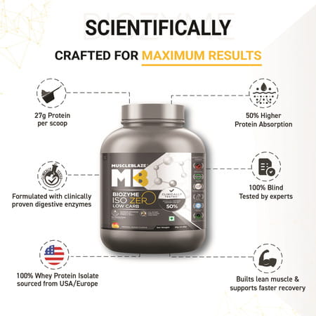 Muscleblaze Biozyme Iso - Zero | Low Carb | 100 Pure Whey Protein Isolate (Tropical Mango | 2 Kg)