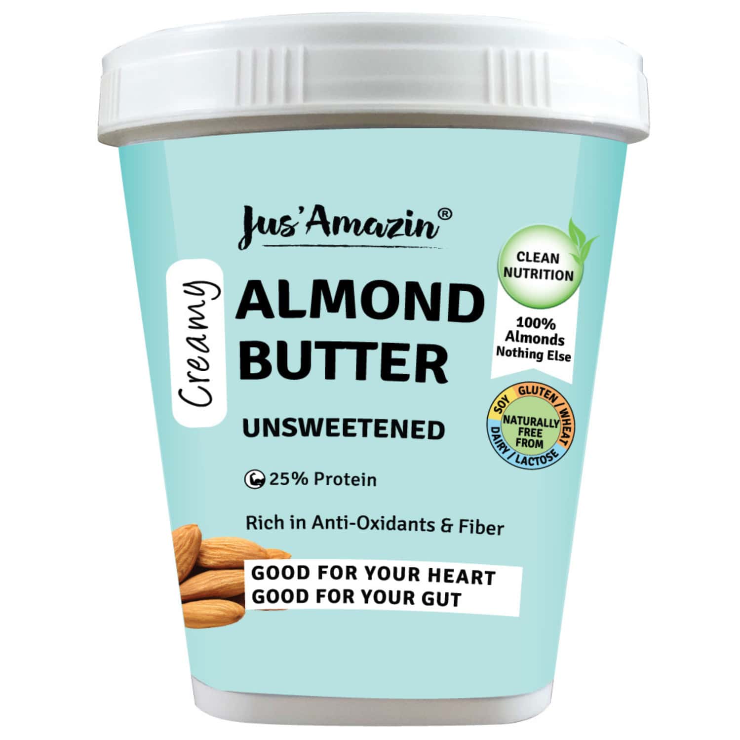 Jus Amazin Creamy Almond Butter - Unsweetened (1kg) | 25% Protein | Clean Nutrition