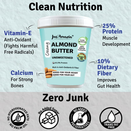 Jus Amazin Creamy Almond Butter - Unsweetened (1kg) | 25% Protein | Clean Nutrition