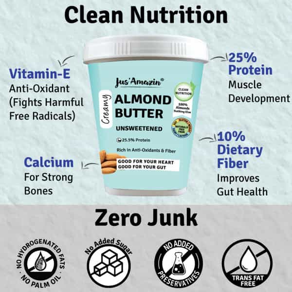 Jus Amazin Creamy Almond Butter - Unsweetened (1Kg) | 25% Protein | Clean Nutrition
