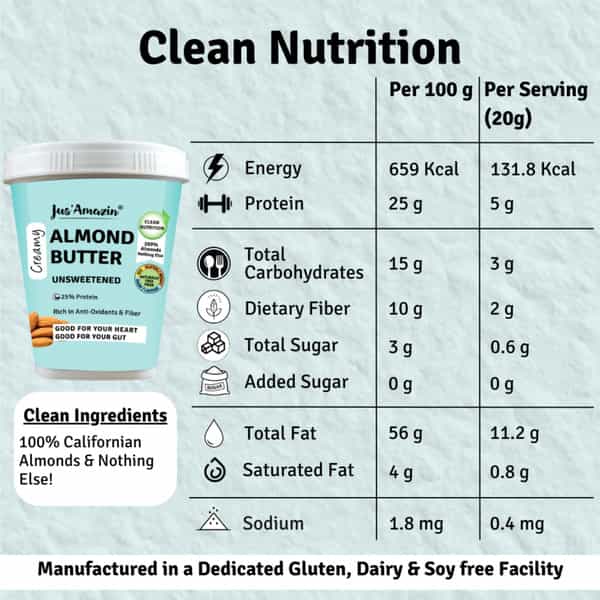Jus Amazin Creamy Almond Butter - Unsweetened (1Kg) | 25% Protein | Clean Nutrition