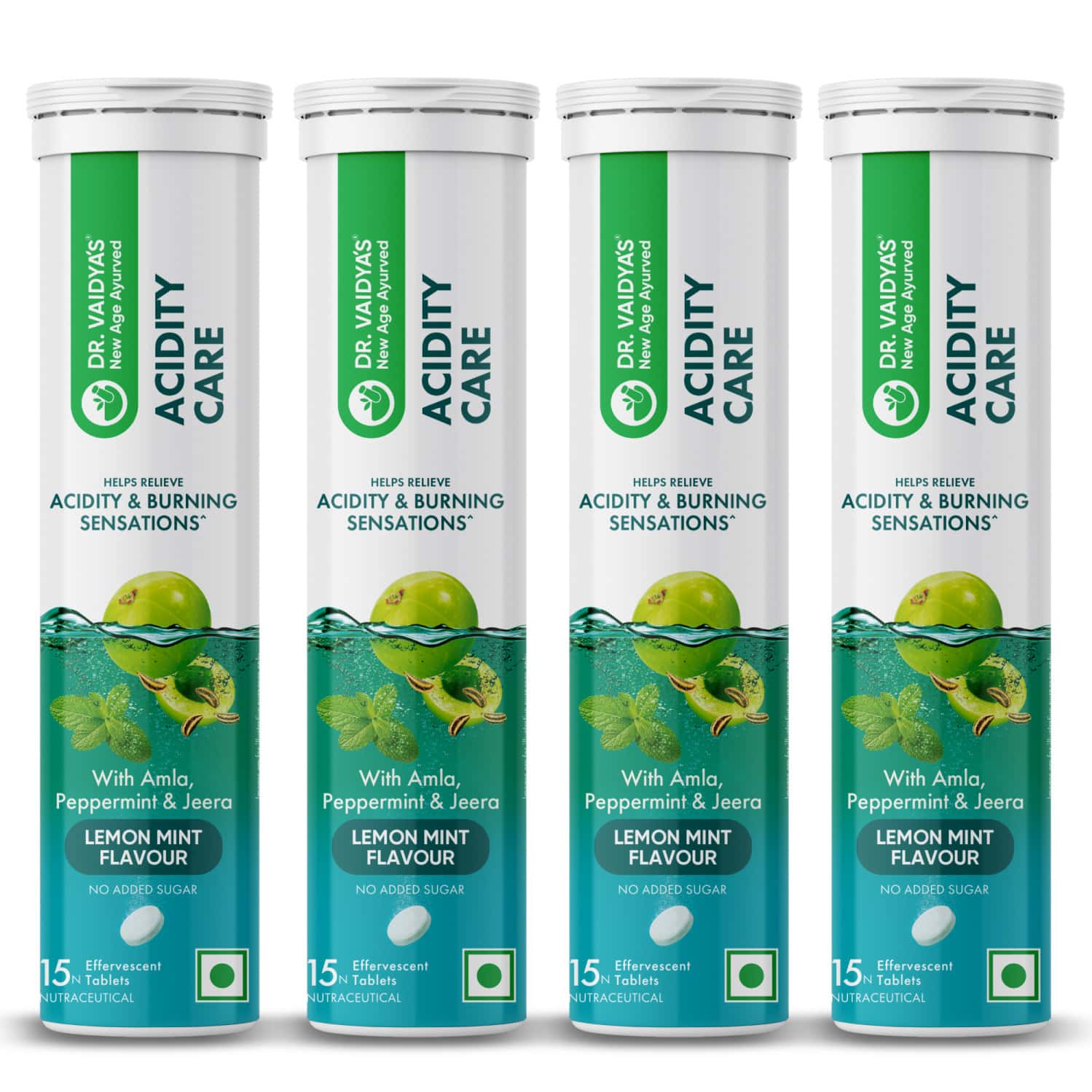 Dr. Vaidya'S Acidity Care Effervescent Tablets | 3-In-1 Fast Relief | Lemon Mint | 15n (Pack Of 4)