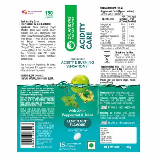 Dr. Vaidya's Acidity Care Effervescent Tablets | 3-In-1 Fast Relief | Lemon Mint | 15N (Pack Of 4)