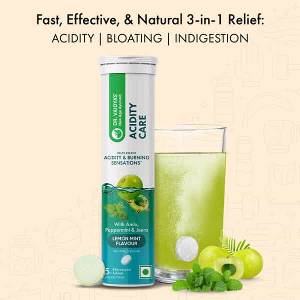 Dr. Vaidya's Acidity Care Effervescent Tablets | 3-In-1 Fast Relief | Lemon Mint | 15N (Pack Of 4)