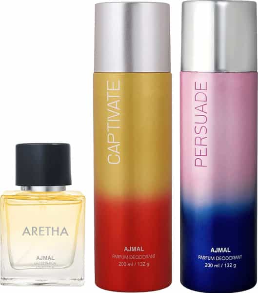 Ajmal Captivate & Ajmal Persuade Deodorant 200 Ml For Unisex & Ajmal Aretha Edp 50 Ml+2 Perfume Free