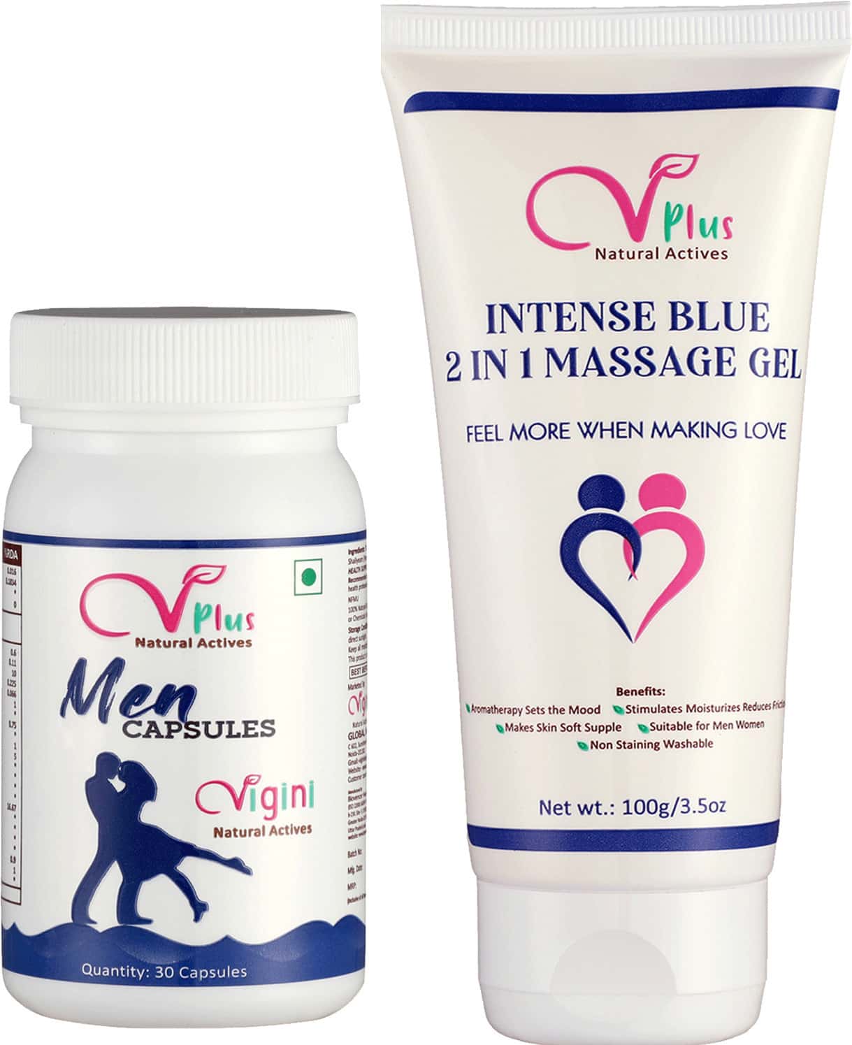 Vigini Energy Stamina Testosterone Booster 30 Caps + Cool Blue Sensual Lubricant Massage Gel 100ml