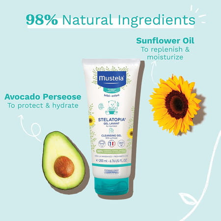 Mustela Stelatopia Cleansing Gel With Sunflower - Baby Cleanser Face & Body Wash - Tear Free
