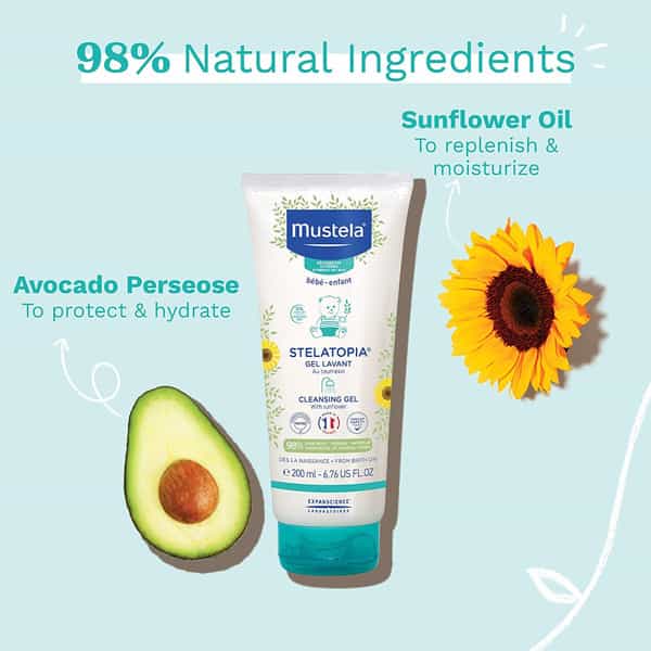 Mustela Stelatopia Cleansing Gel With Sunflower - Baby Cleanser Face & Body Wash - Tear Free