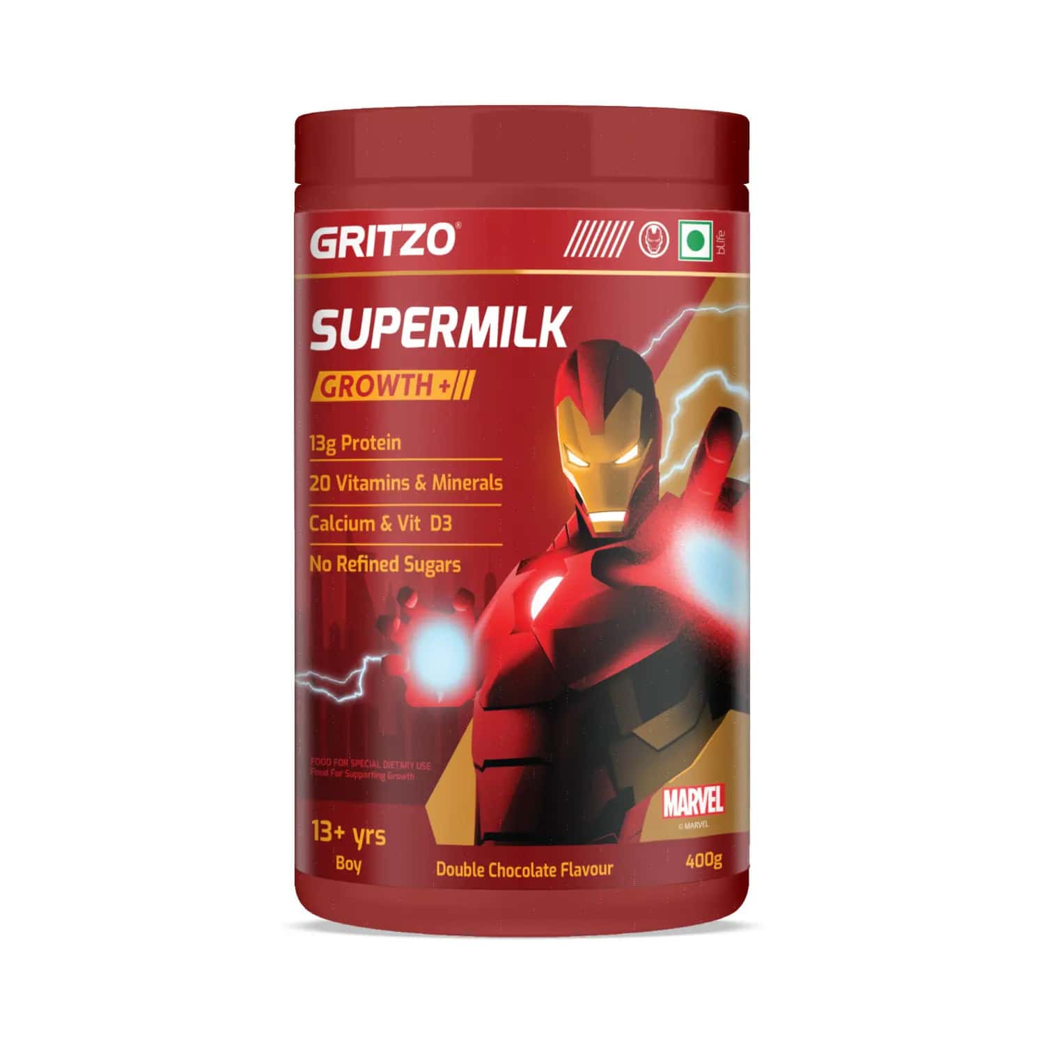Gritzo Supermilk Growth+ Iron Man (13+Y Boy) | 13g Protein Powder (Double Chocolate | 400g)