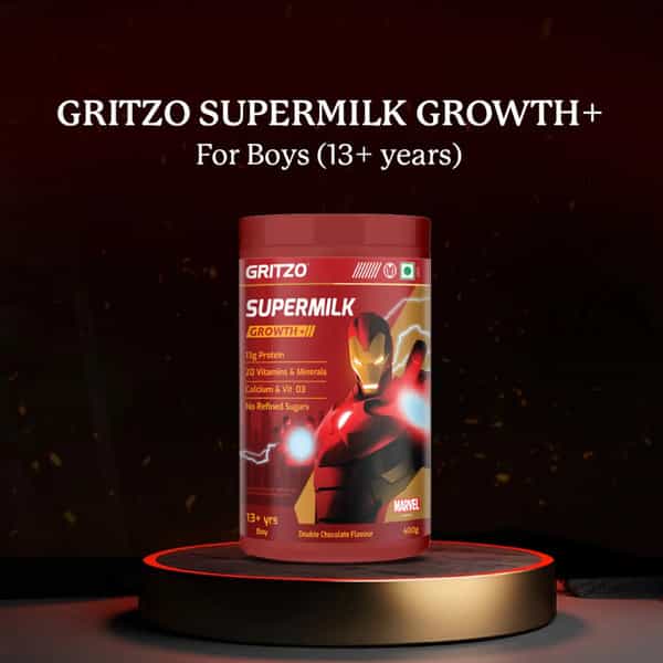 Gritzo Supermilk Growth+ Iron Man (13+Y Boy) | 13G Protein Powder (Double Chocolate | 400G)