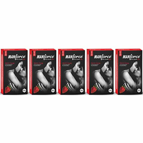 Manforce Condoms 3 In 1 Ribbed Contour Dotted Strawberry Flavoured Condoms - 10 Pcs X Pack Of 5