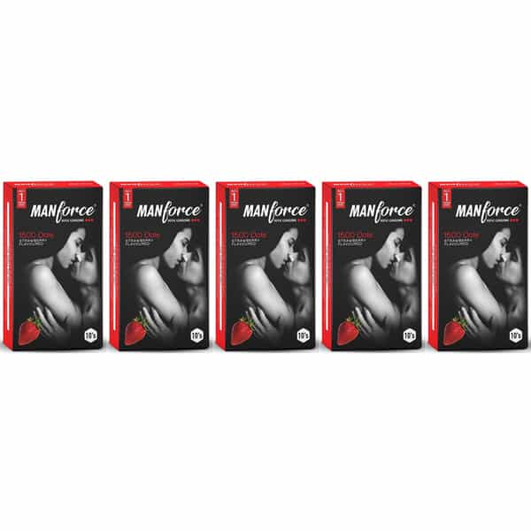 Manforce Condoms 3 In 1 Ribbed Contour Dotted Strawberry Flavoured Condoms - 10 Pcs X Pack Of 5