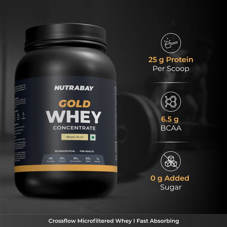 Nutrabay Gold 100% Whey Protein Concentrate|25g Protein|Muscle Support & Recovery|Malai Kulfi | 1 Kg