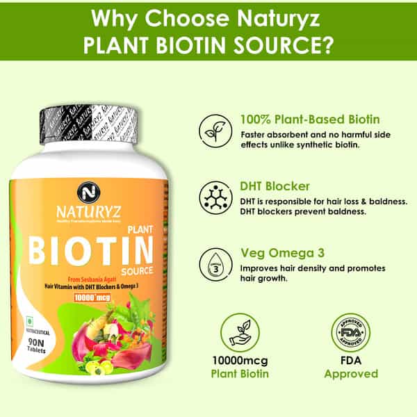 Naturyz 100% Plant Based Biotin With Dth Omega 3 For Strong Hairs, Nails, Glowing Skin (90 Tablets)